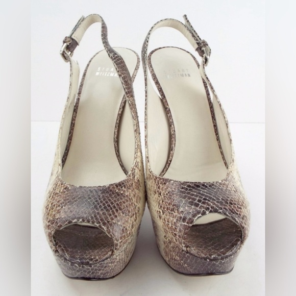🔥STUART WEITZMAN Grey Snake Platform Sling Back Open Toe Vevey Heels Pumps 8US - Picture 1 of 11